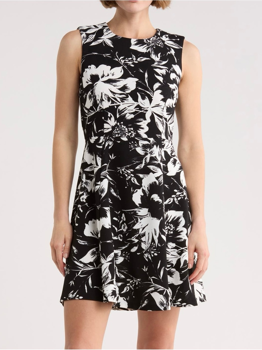 Eliza J Black & White Floral Sleeveless Fit-and-Flare Dress